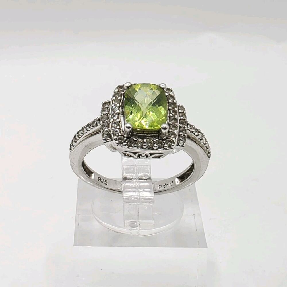 Sterling Silver Peridot and White Topaz Beautiful Rectangle Halo Ring Size 7